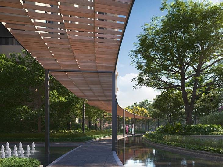 A covered pergola walkway linking the towers to the gardens